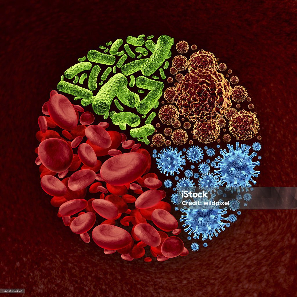 Health Management Health management and medical history pie chart concept with a group of three dimensional segments made of human blood cells and virus bacteria and cancer cell icons for patient diagnosis or symptoms data for disease and illness treatment. Anatomy Stock Photo