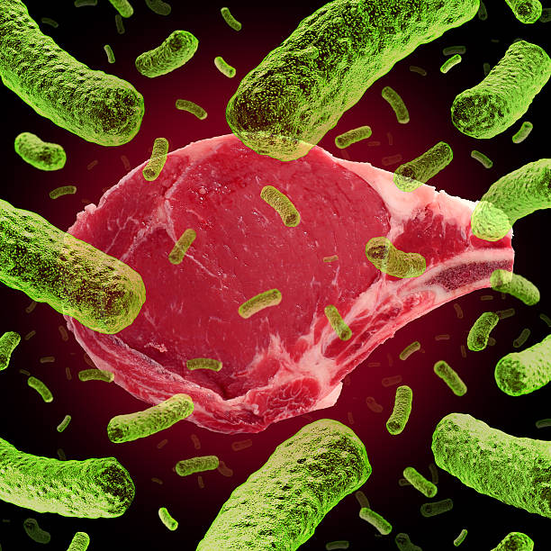 Meat Comtamination Meat contamination and tainted food concept with a raw red beaf steak infected with dangerous bacteria as E coli resulting in health dangers and biohazard medical situation as a symbol of a health risk. dangerous steak stock pictures, royalty-free photos & images