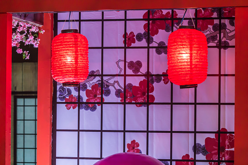 Sakura and red bamboo lantern decoration in Tanabata Festival.