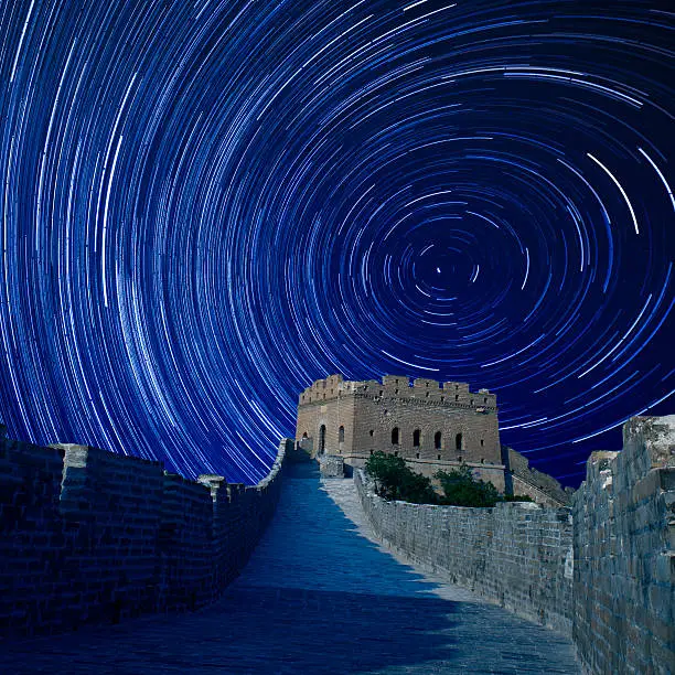 startrails on the Great Wall in night,China