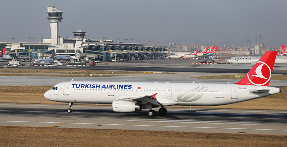 Istanbul, Turkey - July 9, 2015: Turkish Airlines Airbus A321-231 (CN 3405) takes off from Istanbul Ataturk Airport.