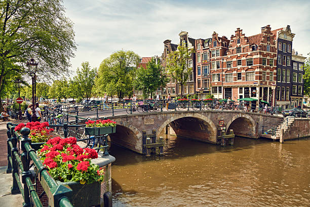 Amsterdam Houses at the Intersection between Prinsengracht and Brouwersgracht Canals stock photo