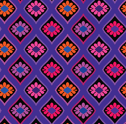 vintage seamless vector Mexican pattern. colorful naive floral motifs in allover layout. vibrant basic colors, contrast silhouettes. for fashion, interior, embroidery.
