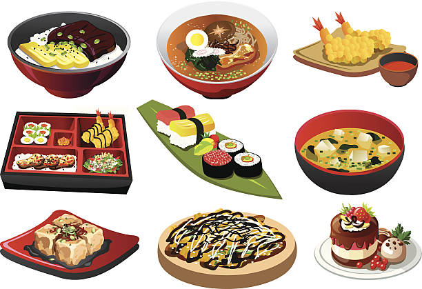 ilustraciones, imágenes clip art, dibujos animados e iconos de stock de comida japonesa - comida japonesa