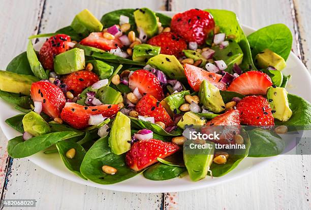 Salad With Strawberries Avocados Spinach Stock Photo - Download Image Now - 2015, Appetizer, Avocado