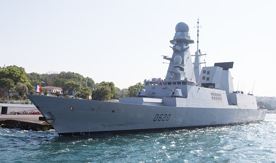 Istanbul, Turkey - July 10, 2015: French frigate Forbin (D620) in Sarayburnu district, Istanbul port.