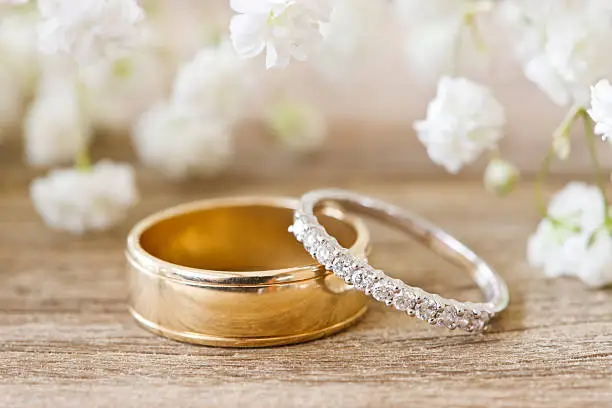 Photo of Wedding Bands on Rustic Timber Table