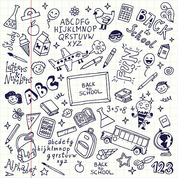 Vector illustration of school doodles in notebook Back to school doodle set notebook. Vector illustration. pen illustrations stock illustrations
