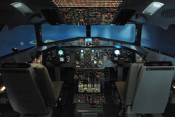 Aircraft Flight Simulator Cockpit Inside the cockpit of A Flight Simulator, flight instruments stock pictures, royalty-free photos & images