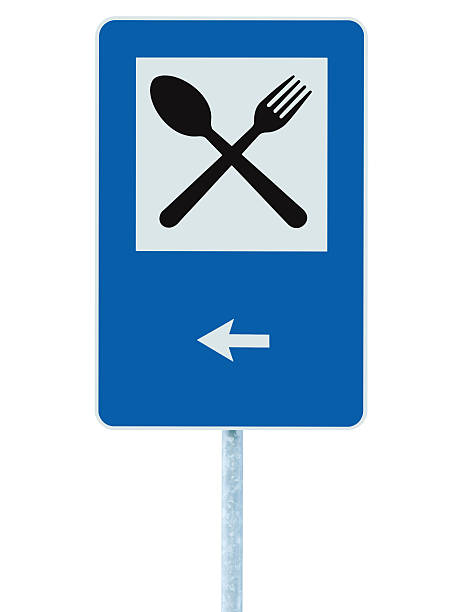 istock Restaurant sign pole post, road traffic roadsign, isolated left arrow 482077397