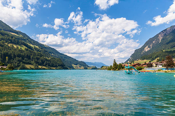 splendida vista del lago lungern in alpi svizzere - brienz bernese oberland village lake foto e immagini stock