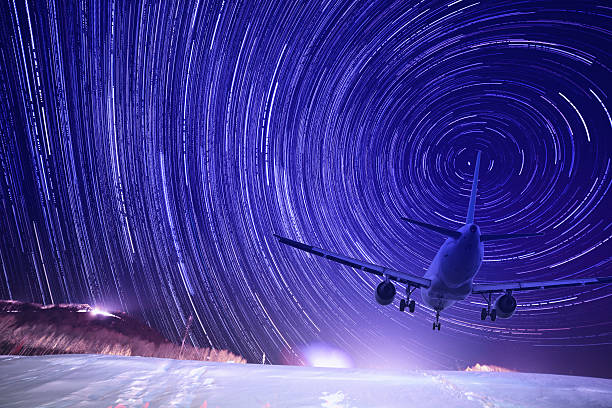 startrails on blue sky in winter