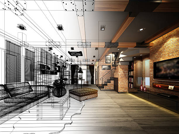 istock sketch design of living ,3dwire frame render 482079778