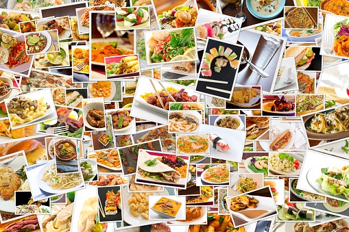 Collage of lots of popular worldwide dinner foods and appetizers