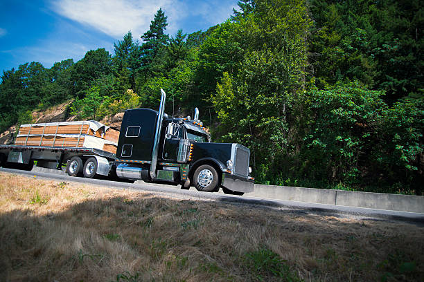 istock Big rig semi truck carry lumber flat bed trailer 482088504