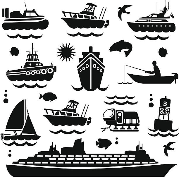 катание на лодках элементы - motorboating travel vacations transportation stock illustrations