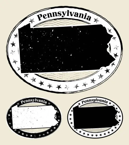 Vector illustration of Pennsylvania Grunge Map Black & White Stamp Collection