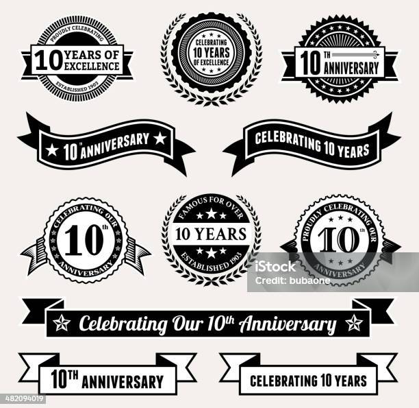 Emblema De Aniversário Coleção Preto E Branco Royaltyfree Vector Conjunto De Ícones - Arte vetorial de stock e mais imagens de 10-11 Anos