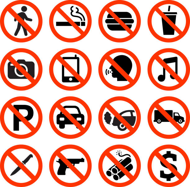 Forbidden Sign not allowed no smoking and eating Forbidden Sign interface icon Set. The illustration features black vector icons on white background. App icons are elegant in design and have a modern graphic look and feel. Each icon is silhouetted and can be on it’s own or as part of an icon set. exclusion stock illustrations