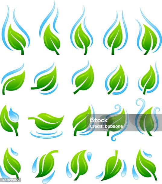 Ilustración de La Naturaleza Verde Hojas Con Agua Azul Vector Icono Conjunto y más Vectores Libres de Derechos de Hoja de álamo