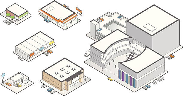 Retail Building Icons Illustration Detailed, isometric buildings represent: a cafe, restaurant, strip mall, gas station, big box discount store, and a large luxury shopping mall. megastore stock illustrations