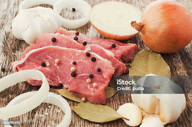 Raw Meat And Spices Stock Photo - Download Image Now - Backgrounds, Barbecue - Meal, Bay Leaf