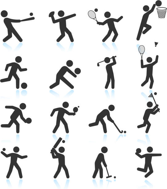 ilustraciones, imágenes clip art, dibujos animados e iconos de stock de deportes & blanco negro sin royalties de conjunto de iconos vectoriales - bádminton deporte