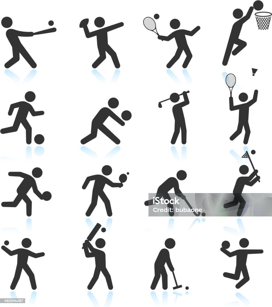 Sports black & white royalty free vector icon set Sports black and white royalty free vector interface icon set. This editable vector file features black interface icons on white Background. The interface icons are organized in rows and can be used as app interface icons, online as internet web buttons, and in digital and print. Icon Symbol stock vector