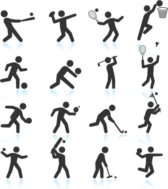 Sports black & white royalty free vector icon set Sports black and white royalty free vector interface icon set. This editable vector file features black interface icons on white Background. The interface icons are organized in rows and can be used as app interface icons, online as internet web buttons, and in digital and print. badminton sport stock illustrations