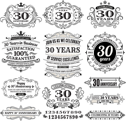 Thirty Year Anniversary Labels, Frames and Design Elements with Copy Space