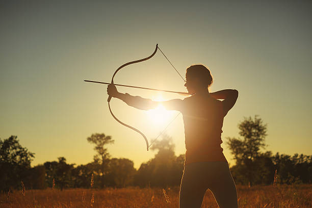 istock Female archer in the field at sunset 482101780