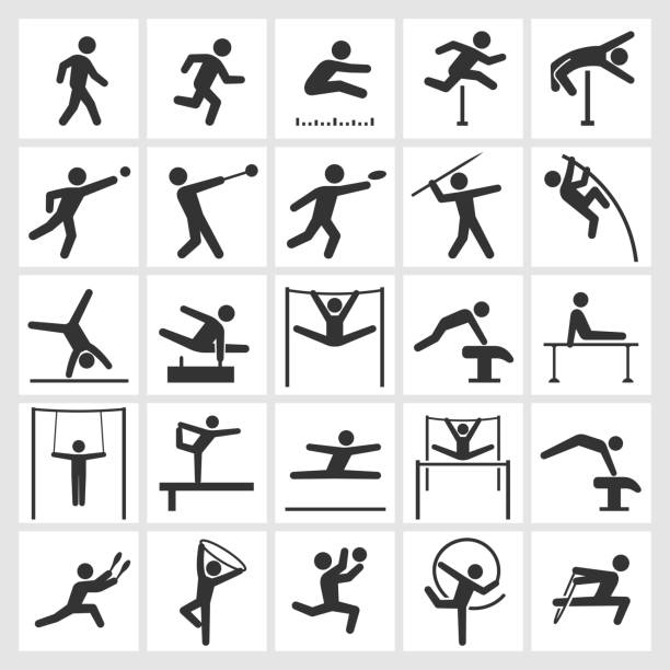 illustrations, cliparts, dessins animés et icônes de athlétisme de gymnastique artistique et athlétique & ensemble d'icônes blanc noir - lancer du disque