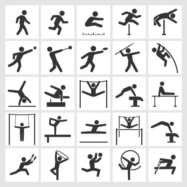 Vector illustration of Athletics Artistic and Athletic Gymnastics black & white icon set