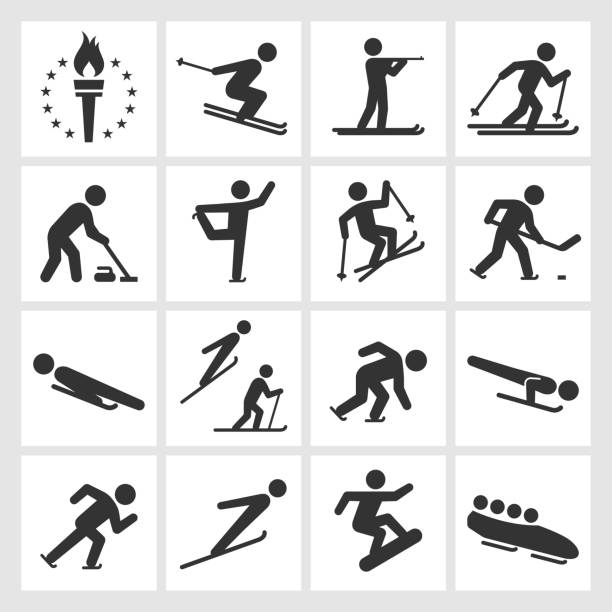 winter sports schwarz & weiß lizenzfreie vektor icon-set - nordische kombination stock-grafiken, -clipart, -cartoons und -symbole