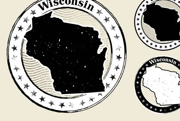 Vector illustration of Wisconsin Grunge Map Black & White Stamp Collection