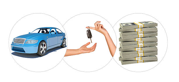 istock Blue car with hands and bundle of money 482106806