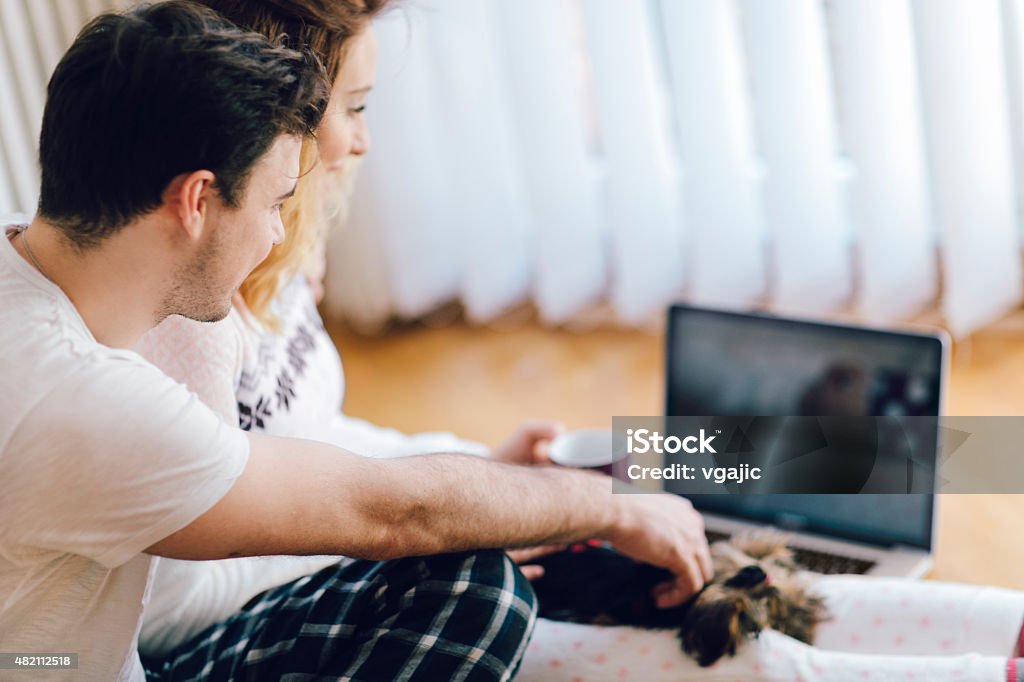 Young Couple Using Laptop. Young cheerful couple sitting on floor in a living room and drinking coffee and using laptop. Woman holding mug and dog on her lap. Cute little baby dog, Yorkshire Terrier lying on her laps. 2015 Stock Photo