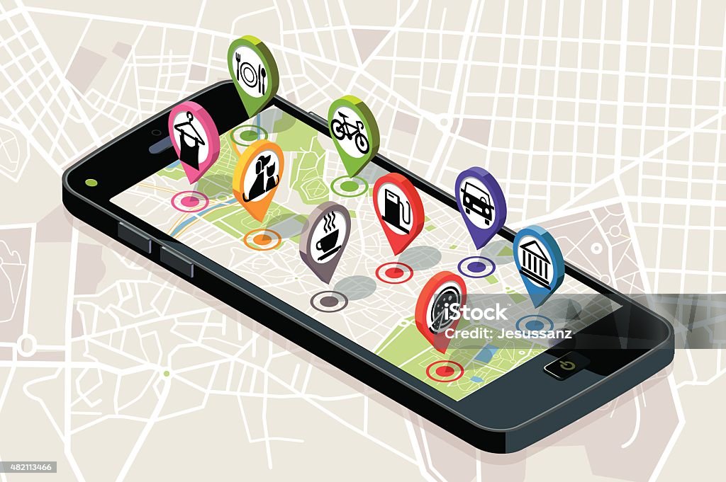 City Map with Services Icons City map with GPS services Icons. Smartphone. On it screen a vector map of the city, where  appear pins with the location of different service icons. City Map stock vector