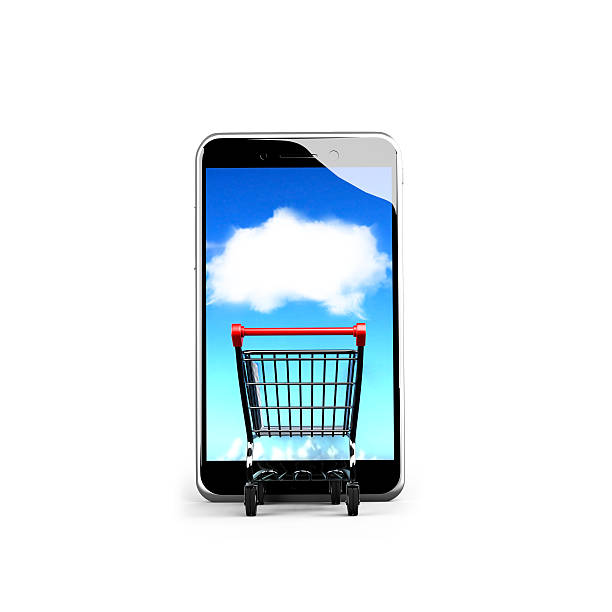 istock Shopping cart going into smart phone with white cloud touchscree 482114148