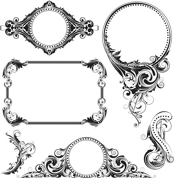 Collection of retro black floral circles and elements design Collection of retro black floral circles frames and elements design with many leaf, swirls and dots. baroque style stock illustrations