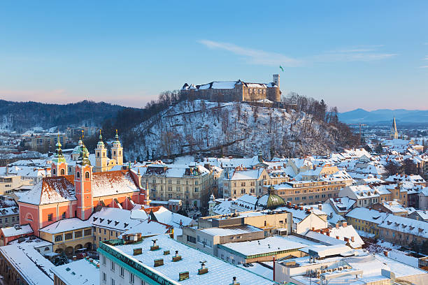 panorama von ljubljana im winter.   slowenien, europa. - castle slovenia winter snow stock-fotos und bilder