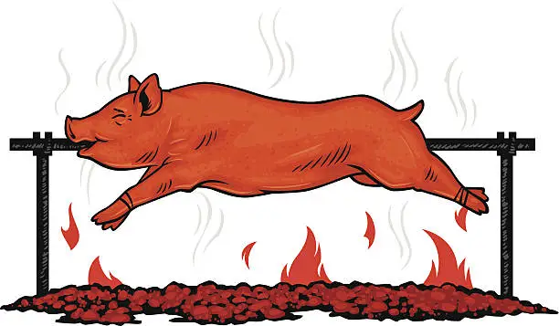 Vector illustration of spit roasted pig