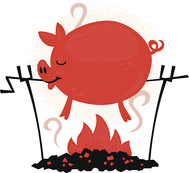 ilustraciones, imágenes clip art, dibujos animados e iconos de stock de fuente de cerdo - roasting spit