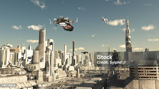 Scout Ship Landing In A Future City Stock Photo - Download Image Now - Futuristic, City, Cityscape