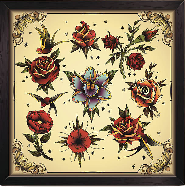 Tattoo style flowers Vector flowers in old traditional tattoo style. tattoo borders stock illustrations