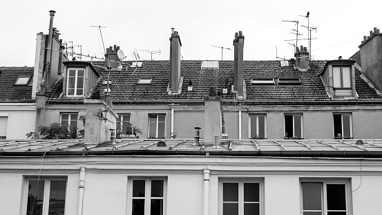 A black & white birds-eye view of Paris rooftops, chimneys and architectural details.