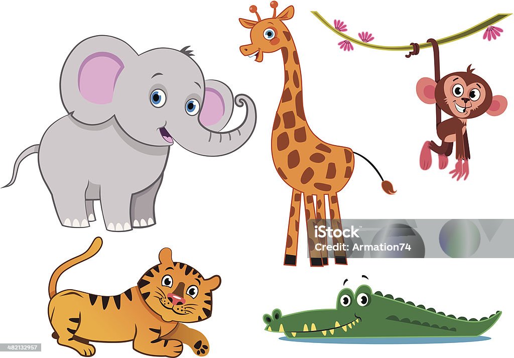 JUNGLE ANİMALS Vector illustration of cute animal set including elephant, crocodile, giraffe, monkey, and tiger. Animal stock vector