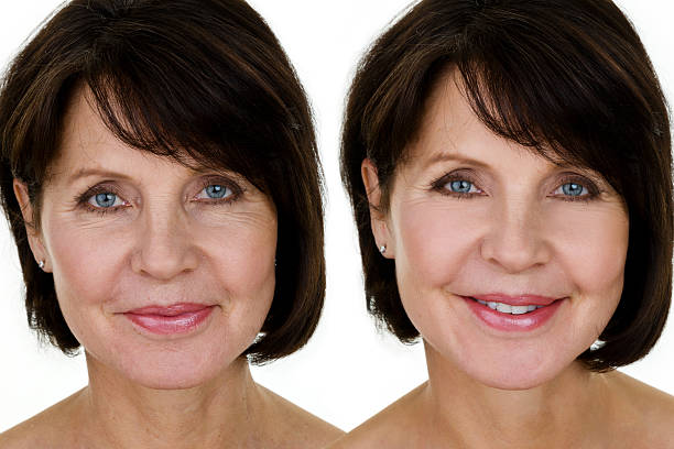 vor und nach einer ältere frau - human face mature women make up women stock-fotos und bilder