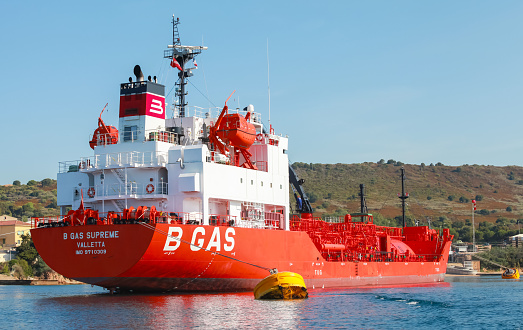 Ajaccio, France - June 30, 2015: The B Gas Supreme, LPG tanker stands moored in Port of Ajaccio, Corsica