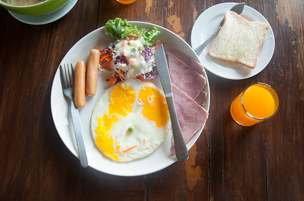 istock breakfast with fried eggs, toasts, juice and salad 482136464